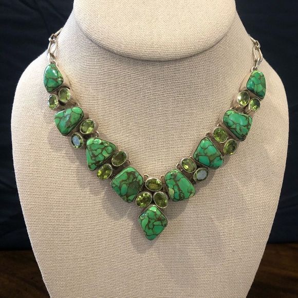 Mohave Lime Green Copper Infused Turquoise Peridot Sterling Silver 925 Necklace - Picture 1 of 16